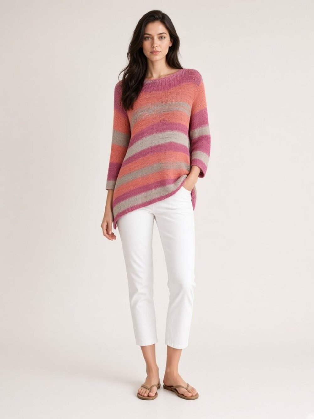 Chico's Asymmetrical Space Dye Open Knit Pullover Sweater 3/4 Sleeve Coral Sz 1